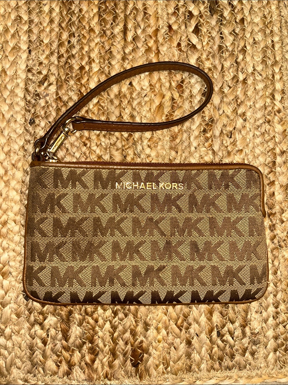 Michael Kors Brown Monogram Wristlet with Gold Logo